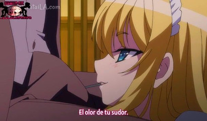 Gorgeous anime blonde sweetie taking huge rod from behind