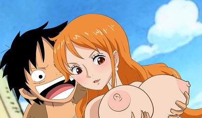 Busty anime redhead Nami riding Luffy's cock on the boat