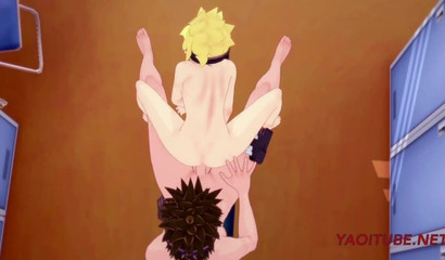 Tiny 3D anime boy Boruto riding Sasuke's huge rod