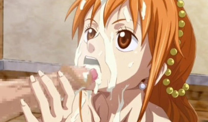 Slutty redhead anime diva Nami covered in jizz after riding big rod