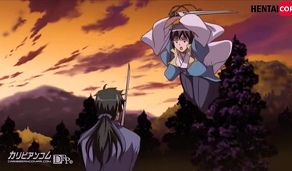 Anime doll with large jugs heals the samurai with her warm hole