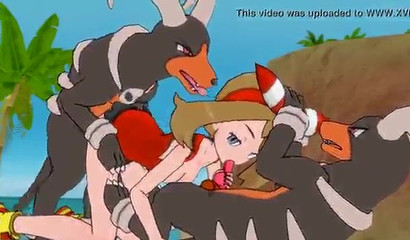 A couple of Pokemon Houndum fuck baby May in the mouth and pussy