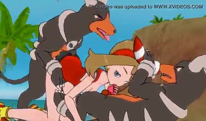 A couple of Pokemon Houndum fuck baby May in the mouth and pussy