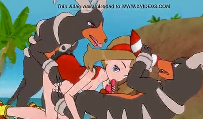 A couple of Pokemon Houndum fuck baby May in the mouth and pussy