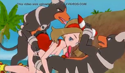 A couple of Pokemon Houndum fuck baby May in the mouth and pussy