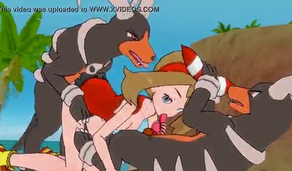 A couple of Pokemon Houndum fuck baby May in the mouth and pussy