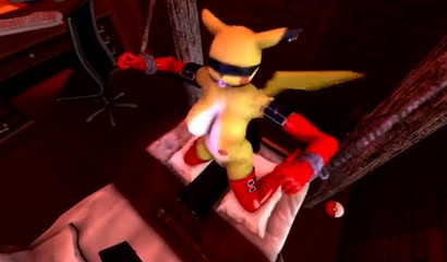 Bound big-boobed Pikachu sits with a pussy on a sex machine