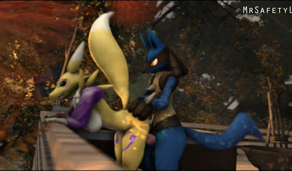 Lucario fucks his cute girlfriend Renamona in different poses