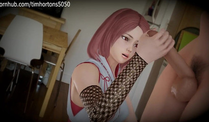 3d beauty Sakura jerks off a dick with her feet and makes a stunning blowjob