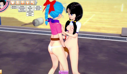 3d lesbians Videl and Bulma rub pussies in public sex