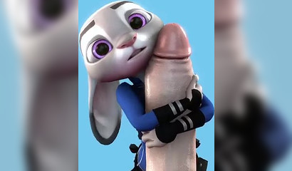 Little bunny Judy Hops jerks off with two hands a huge dick