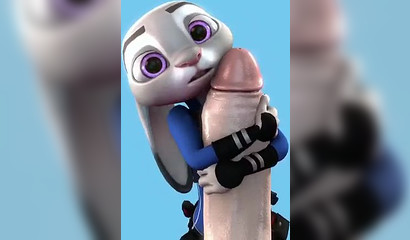 Little bunny Judy Hops jerks off with two hands a huge dick