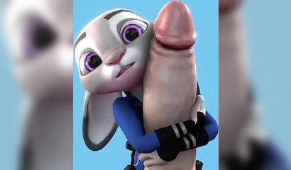 Little bunny Judy Hops jerks off with two hands a huge dick