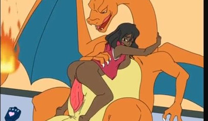 A black girl sat on the huge penis of a pokemon Chirizard