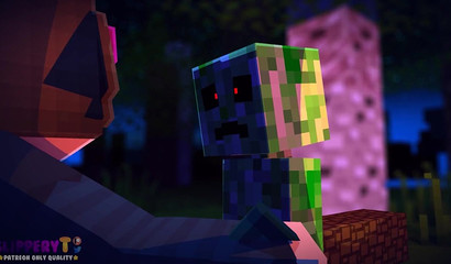 Creeper sneaks up on Jenny's Minecraft cunny