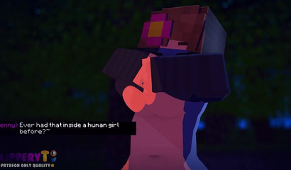 Creeper sneaks up on Jenny's Minecraft cunny