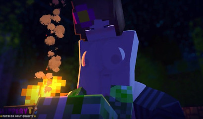 Creeper sneaks up on Jenny's Minecraft cunny