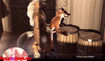 Furry fox 3D hottie slurps horse cock