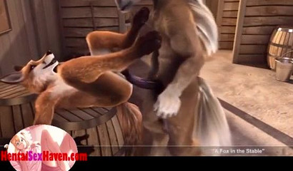 Furry fox 3D hottie slurps horse cock