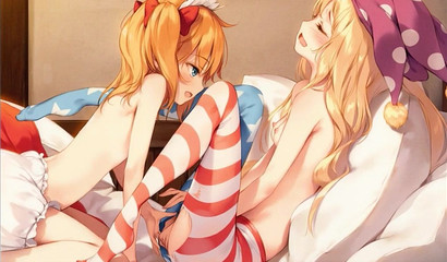 Yuri teen twisting their pigtails while getting lost in a pervy vortex