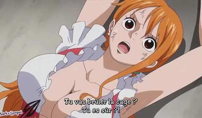 Cat Burglar Nami tries to hide a secret between her melons