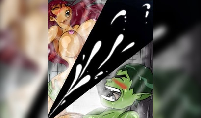 Curvy redhead Starfire bangs Beast Boy in the shower
