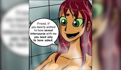 Curvy redhead Starfire bangs Beast Boy in the shower