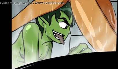 Curvy redhead Starfire bangs Beast Boy in the shower