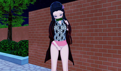 Petite 3D anime hottie Nezuko Kamado scissoring her girlfriend