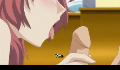 Hentai ginger wanks a dick with her big boobs & makes him cum