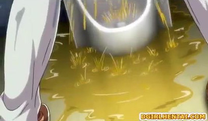 Anime hottie toys her pussy while being fucked at the restaurant