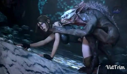 Little babe fucks monsters in a 3d threesome