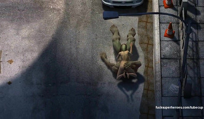 Huge Hulk fucks a naked doll on the street