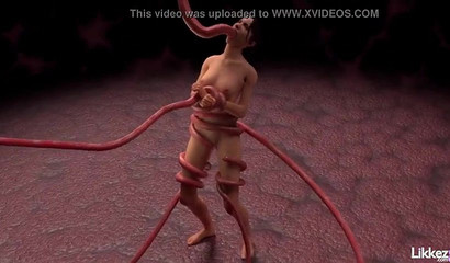 Hot anime brunette gets wrapped and fucked by tentacles