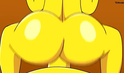 辛普森一家》中的埃德娜给一个胖子吹箫，并从后面拿着它。