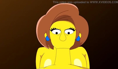 辛普森一家》中的埃德娜给一个胖子吹箫，并从后面拿着它。