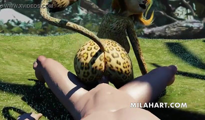 Sexy cheetah takes a cock up her asshole outside