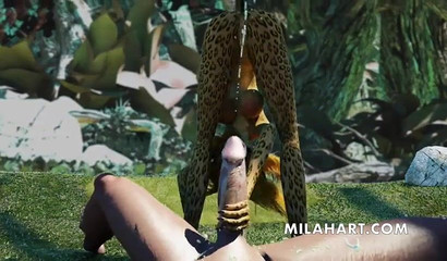 Sexy cheetah takes a cock up her asshole outside