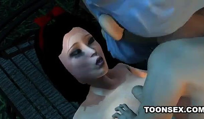 Excited Snow White fucks in the garden with a dwarf