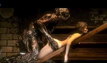 Weird zombie-like creature gapes a stunning brunette