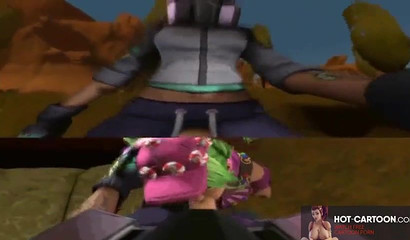 Gorgeous 3D doll with green hairs is sucking on the beach