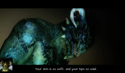 Chubby brunette bear riding this reptile creature's cock