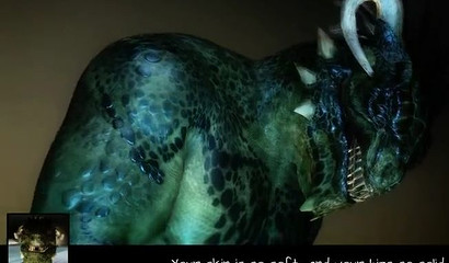 Chubby brunette bear riding this reptile creature's cock