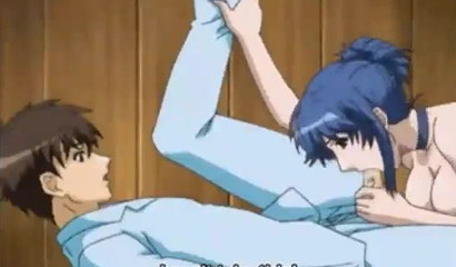 Blue-haired babe rides this schoolboy's cock