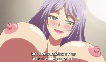 Purple haired anime girl with huge tits jerking off a cock