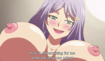 Purple haired anime girl with huge tits jerking off a cock