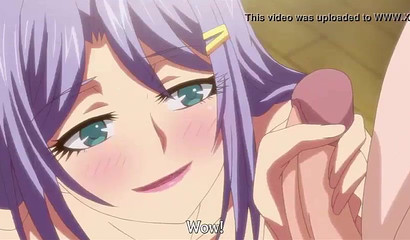 Purple haired anime girl with huge tits jerking off a cock
