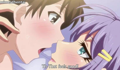 Purple haired anime girl with huge tits jerking off a cock