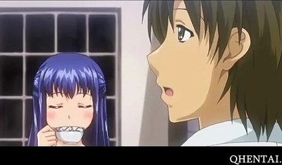 Big breasted anime girl in wet swimsuit gets fucked in the bathroom