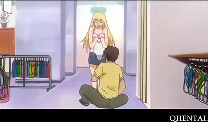 Big breasted anime girl in wet swimsuit gets fucked in the bathroom